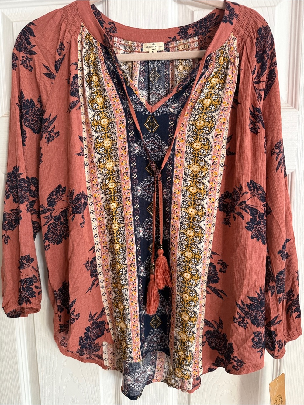 Mason &Belle muted Rust and Navy Boho Tassel Tunic nwt M boho sku62 so flowy!